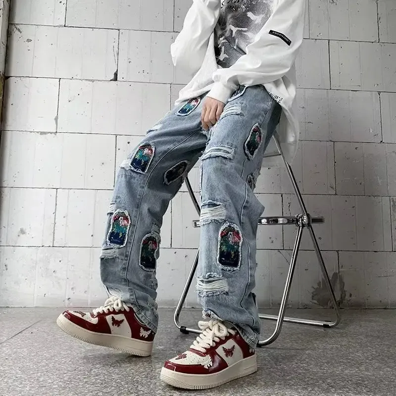 Aidase Korean Style Autumn Letter Printed Denim Pants Men Streetwear Washed Jean Pants Neutral Hip Hop Loose Straight Casual Jeans