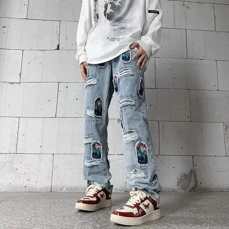 Aidase Korean Style Autumn Letter Printed Denim Pants Men Streetwear Washed Jean Pants Neutral Hip Hop Loose Straight Casual Jeans