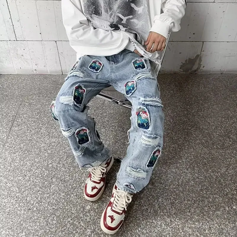 Aidase Korean Style Autumn Letter Printed Denim Pants Men Streetwear Washed Jean Pants Neutral Hip Hop Loose Straight Casual Jeans