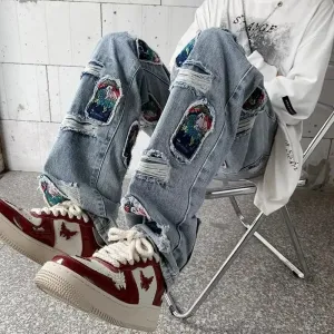 Aidase Korean Style Autumn Letter Printed Denim Pants Men Streetwear Washed Jean Pants Neutral Hip Hop Loose Straight Casual Jeans