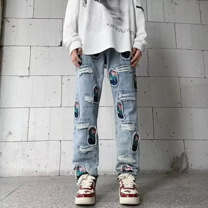 Aidase Korean Style Autumn Letter Printed Denim Pants Men Streetwear Washed Jean Pants Neutral Hip Hop Loose Straight Casual Jeans