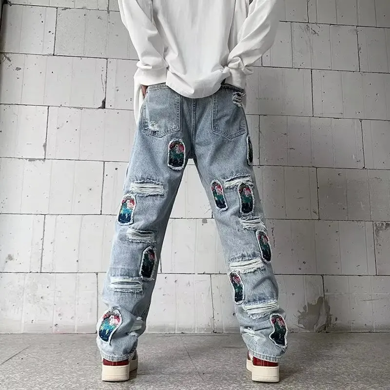 Aidase Korean Style Autumn Letter Printed Denim Pants Men Streetwear Washed Jean Pants Neutral Hip Hop Loose Straight Casual Jeans