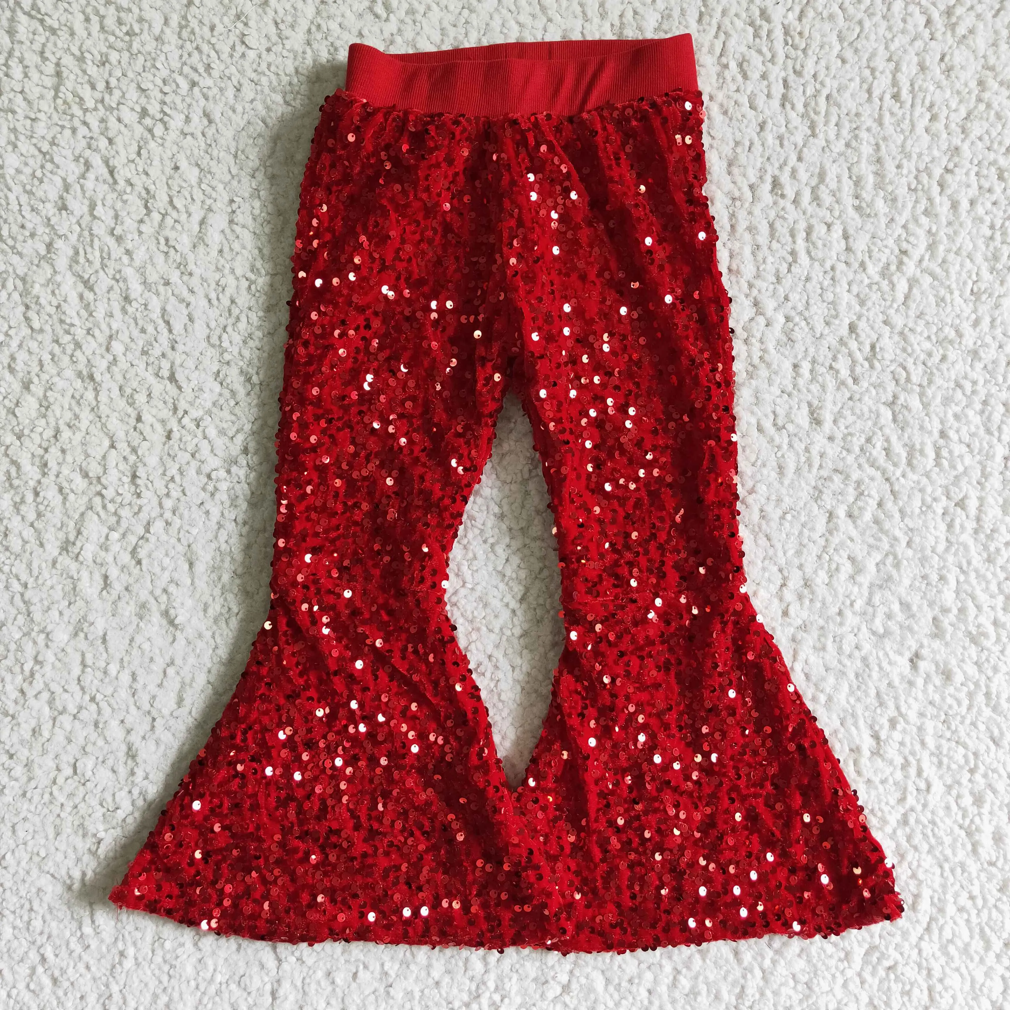 B4-11 girl fashion red sequins flare pants with elastic waist