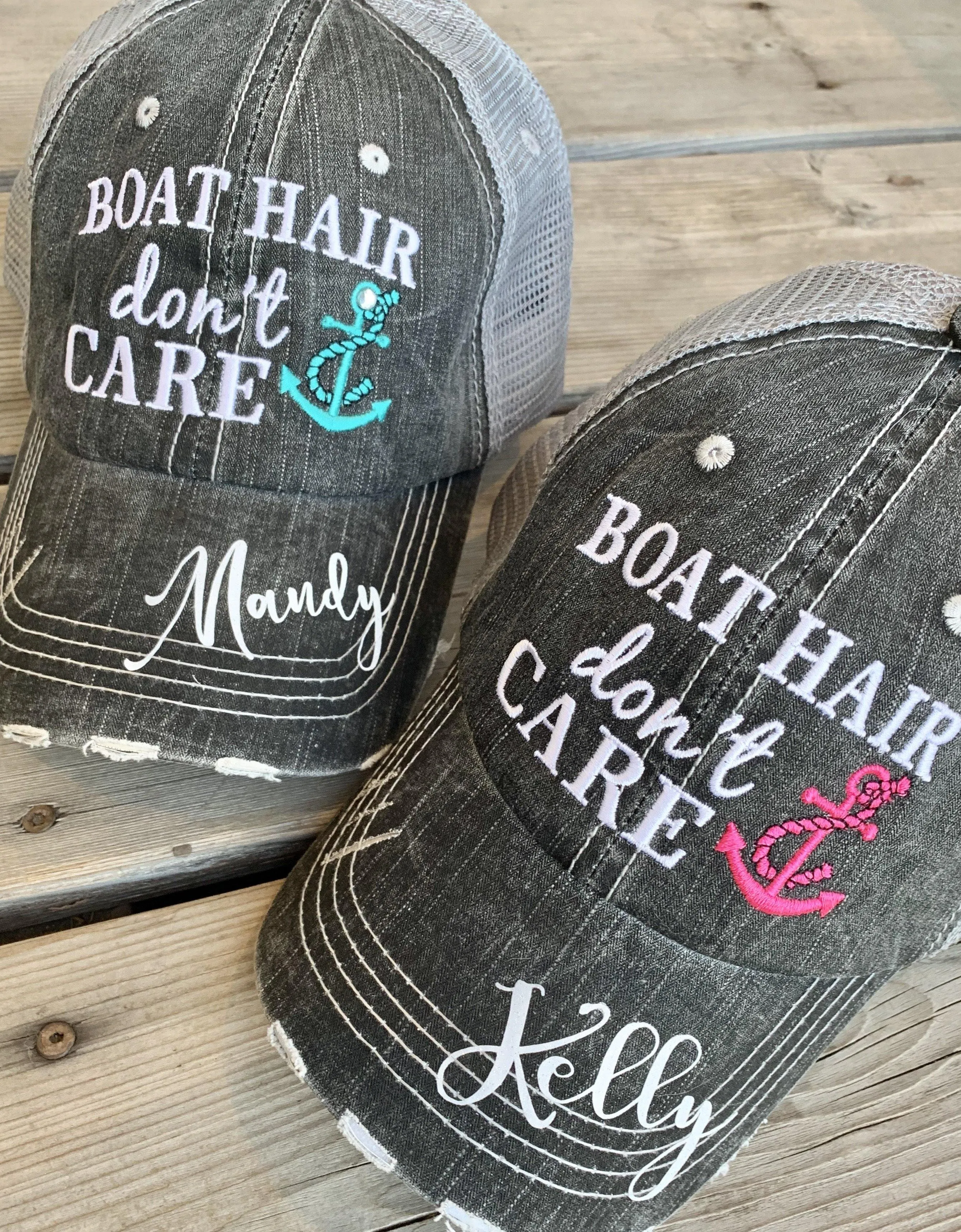 Boating Hats Boat hair dont care Teal or pink anchor Personalized e mbroidered gray distressed trucker caps mesh back adjustable velkro