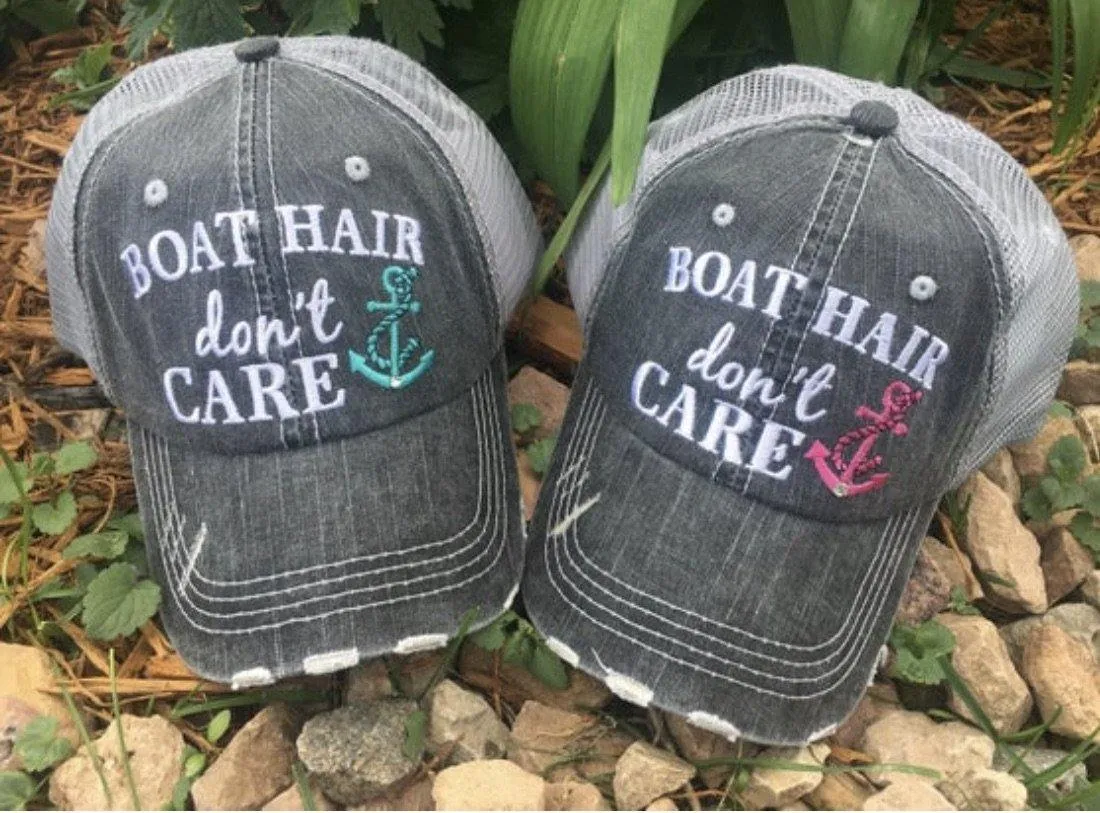 Boating Hats Boat hair dont care Teal or pink anchor Personalized e mbroidered gray distressed trucker caps mesh back adjustable velkro