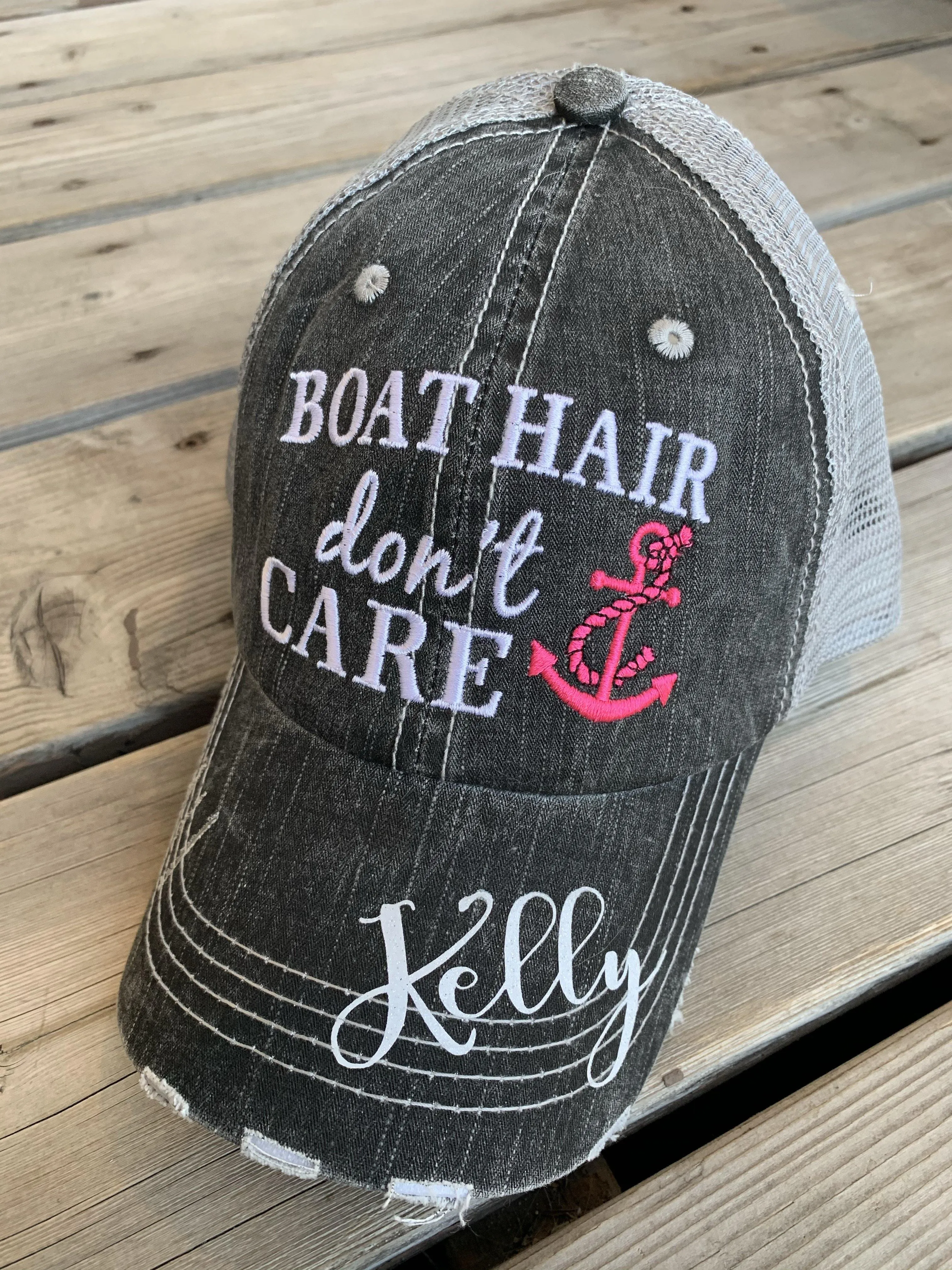 Boating Hats Boat hair dont care Teal or pink anchor Personalized e mbroidered gray distressed trucker caps mesh back adjustable velkro