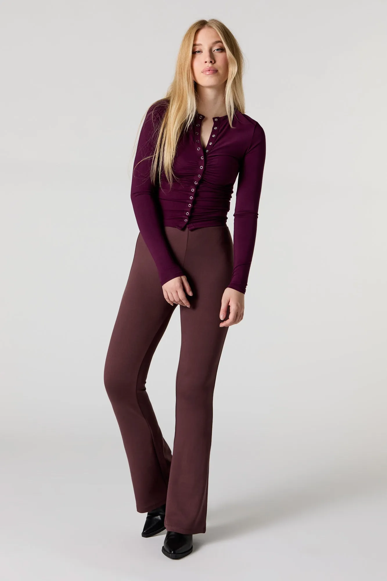 Button Front Cinched Long Sleeve Top