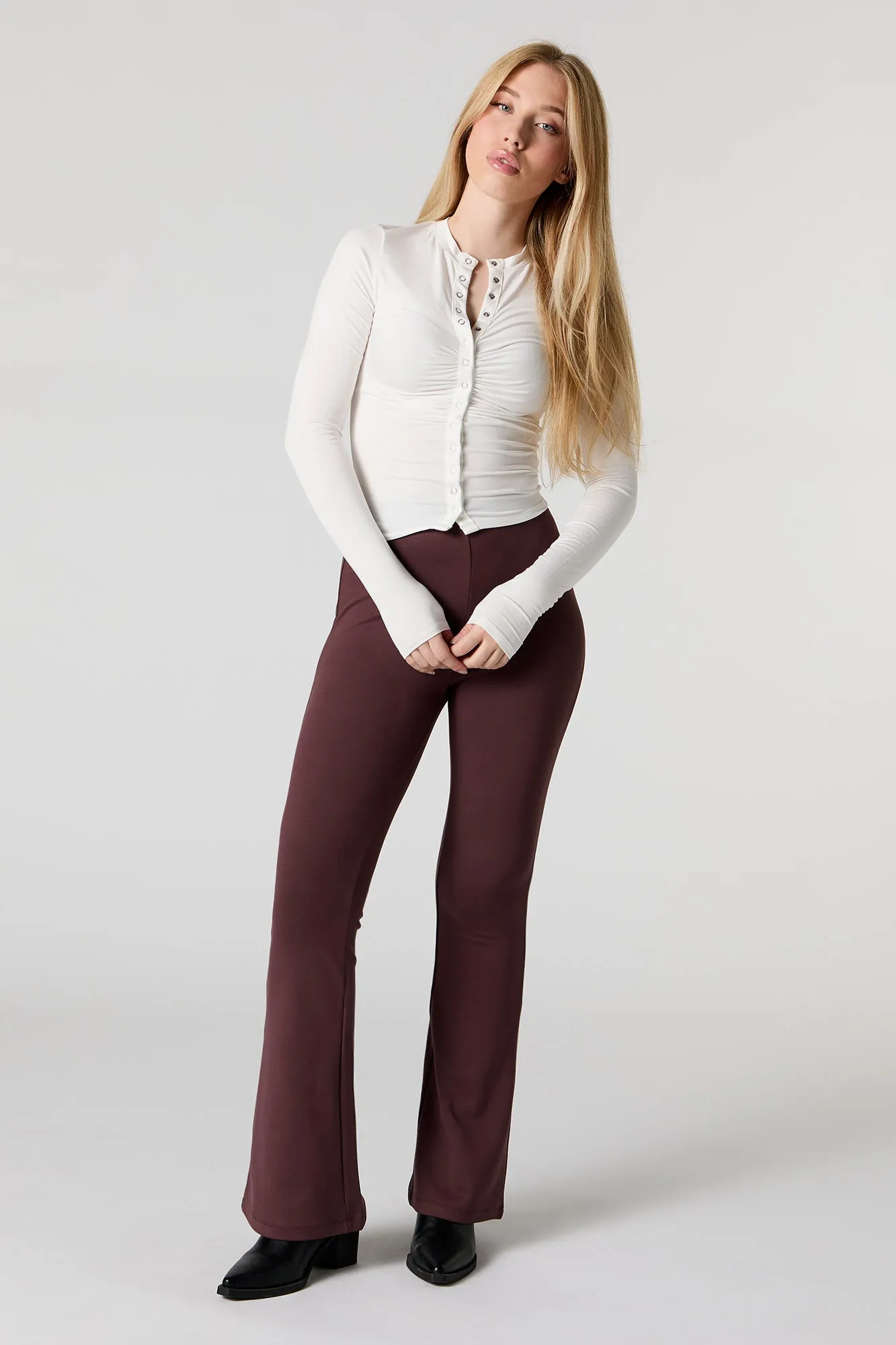 Button Front Cinched Long Sleeve Top