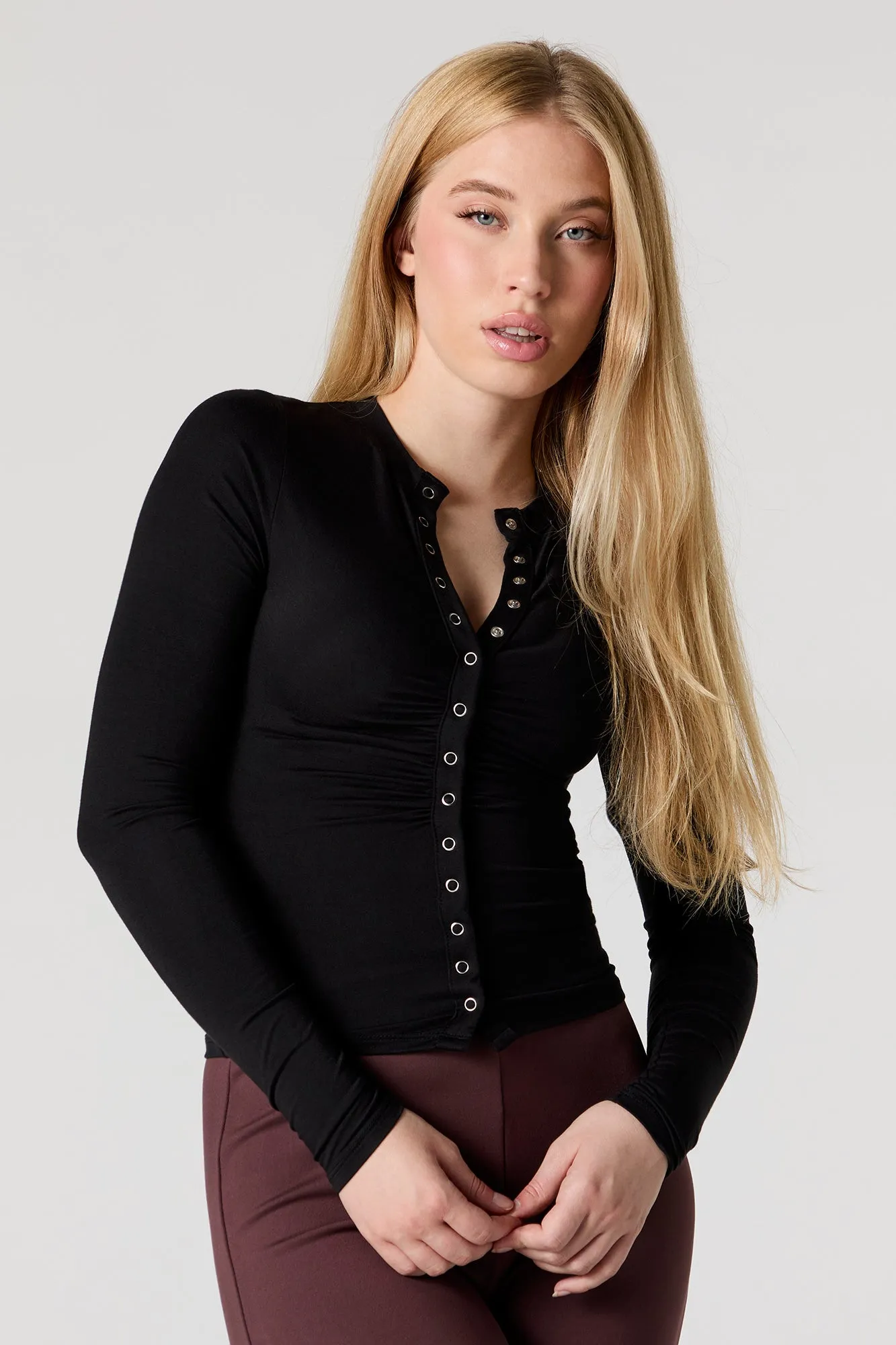 Button Front Cinched Long Sleeve Top