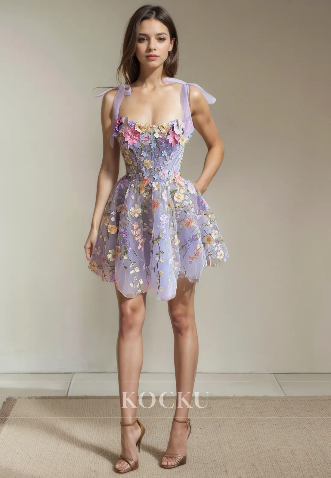 Couture & Ornate Square Straps Flower Appliques Party Homecoming Dress