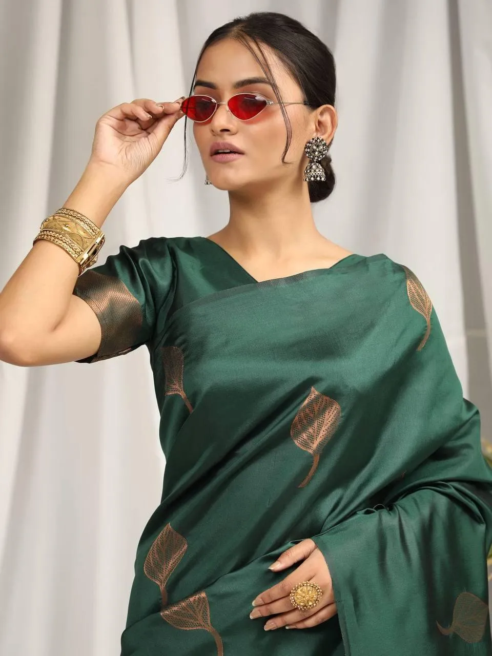 Deep Green Leaf Soft Silk  Saree