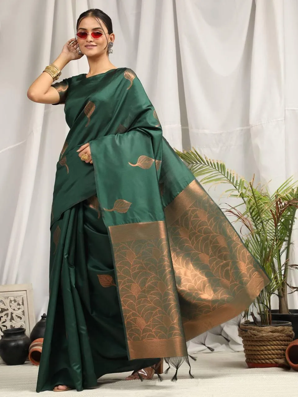 Deep Green Leaf Soft Silk  Saree