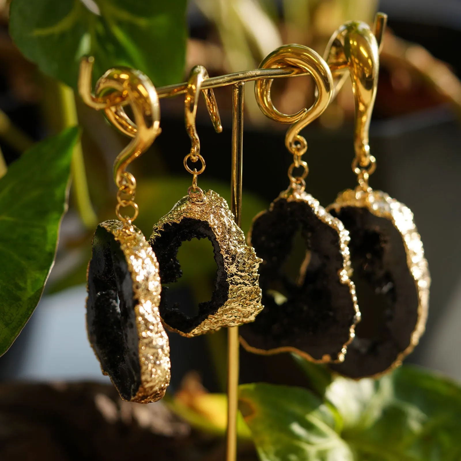 Druzy Black Agate With Gold PVD Hook Ear Weight