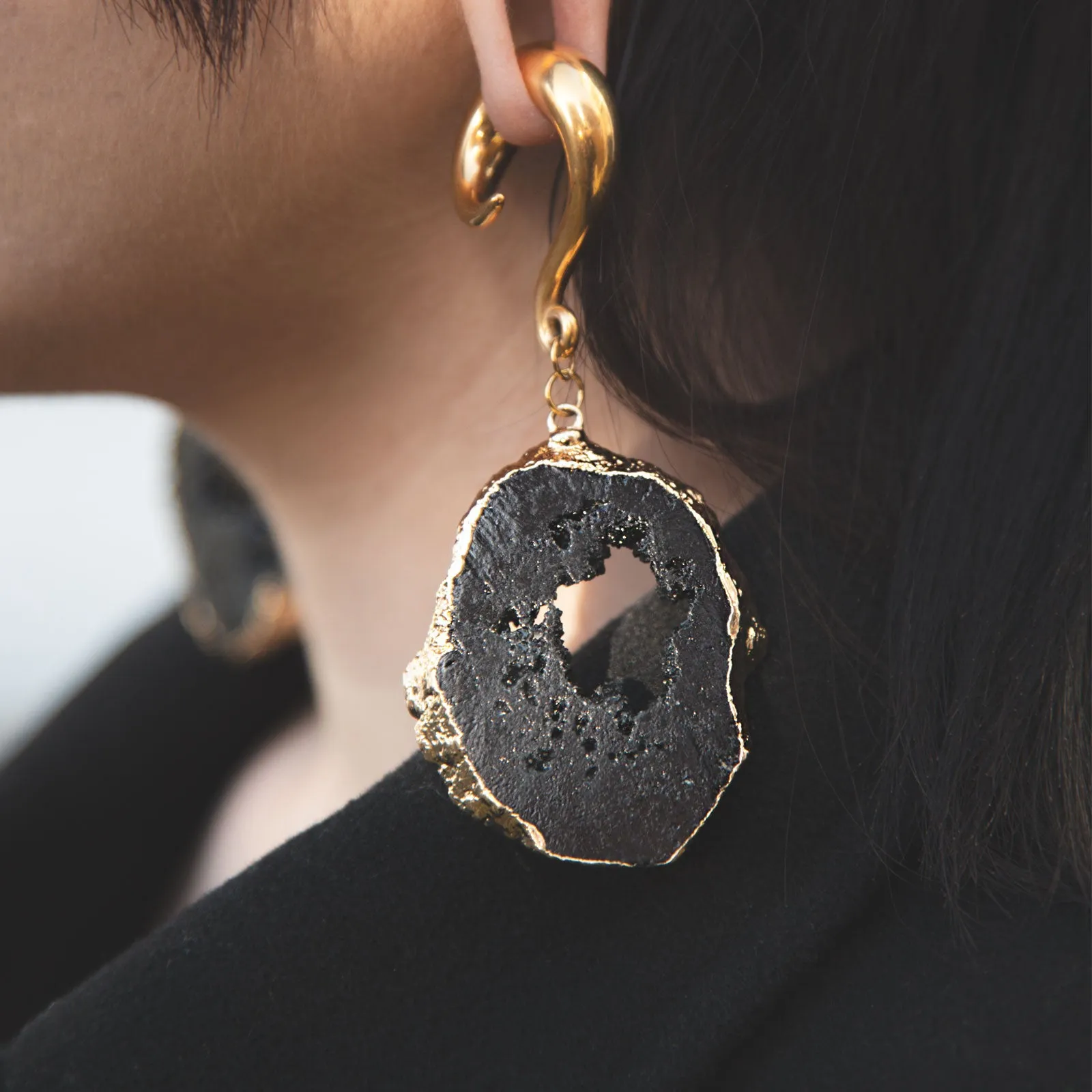 Druzy Black Agate With Gold PVD Hook Ear Weight