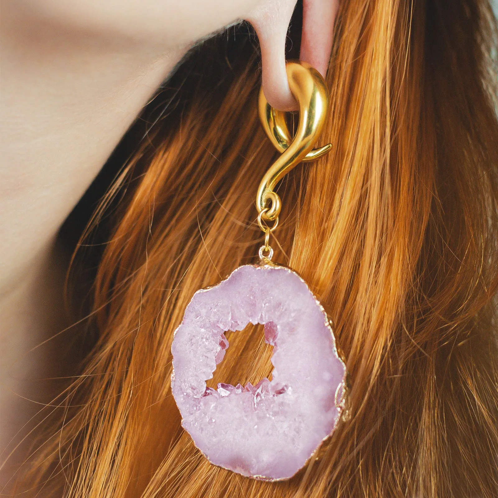 Druzy Pink Agate With Gold PVD Hook Ear Weight