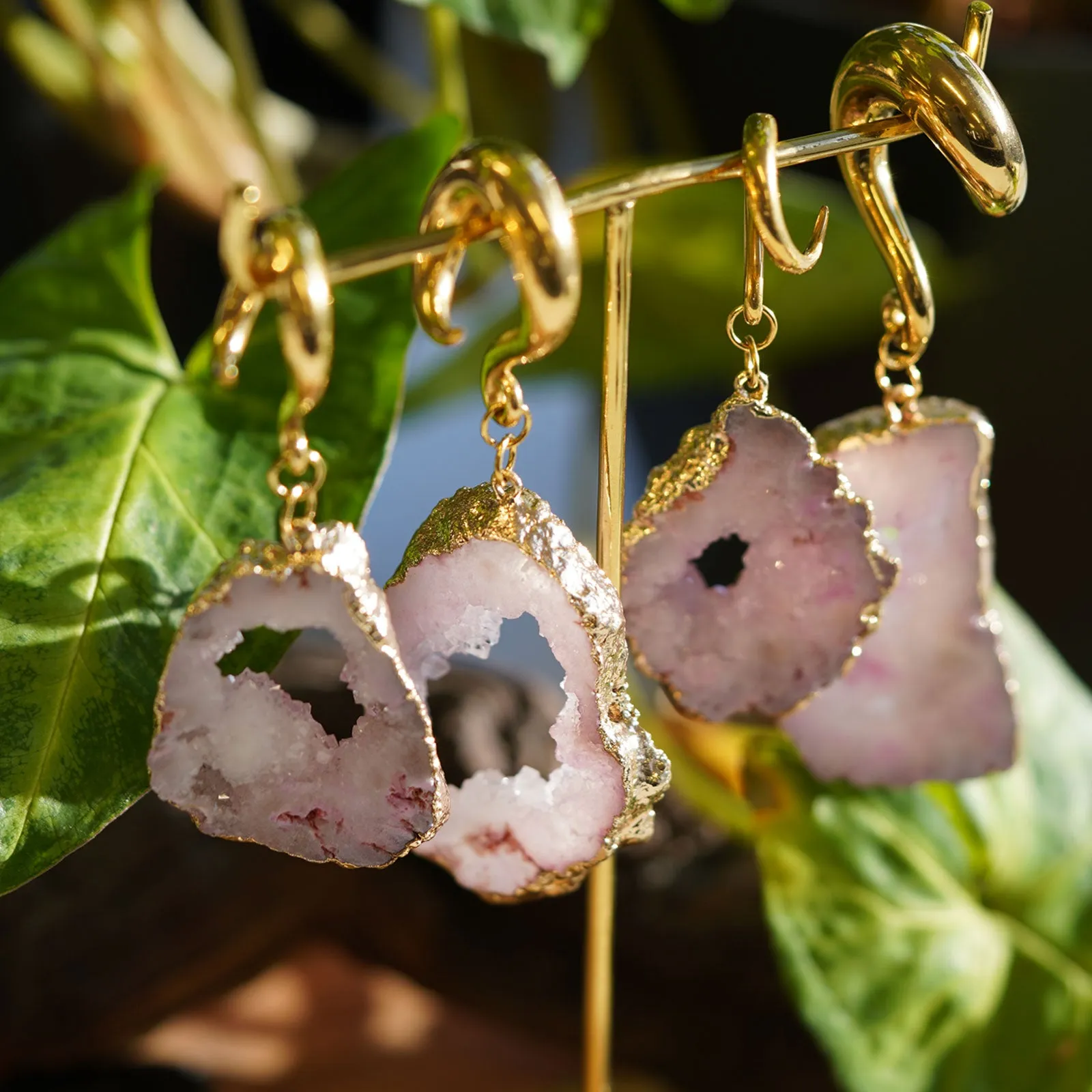 Druzy Pink Agate With Gold PVD Hook Ear Weight