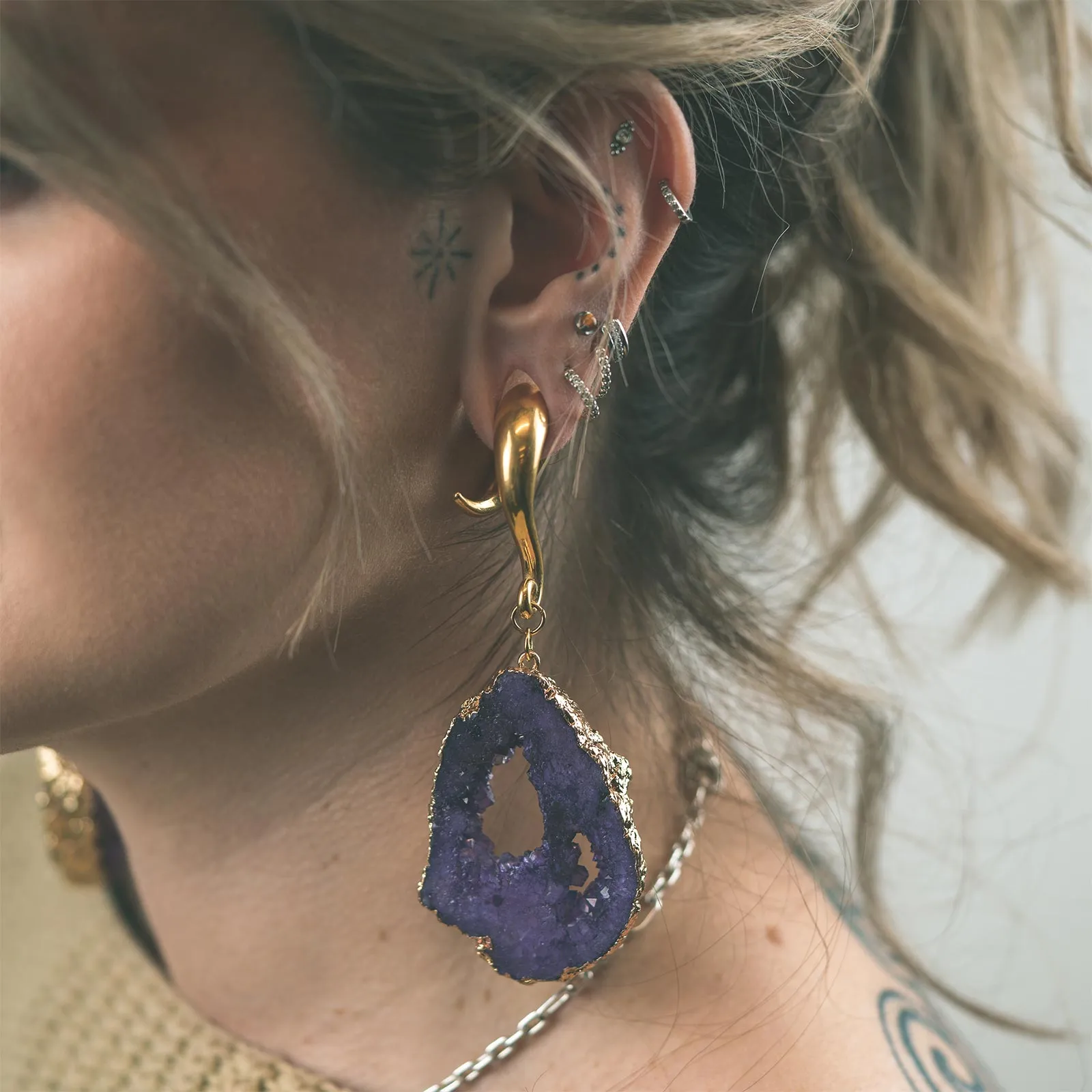 Druzy Purple Agate With Gold PVD Hook Ear Weight