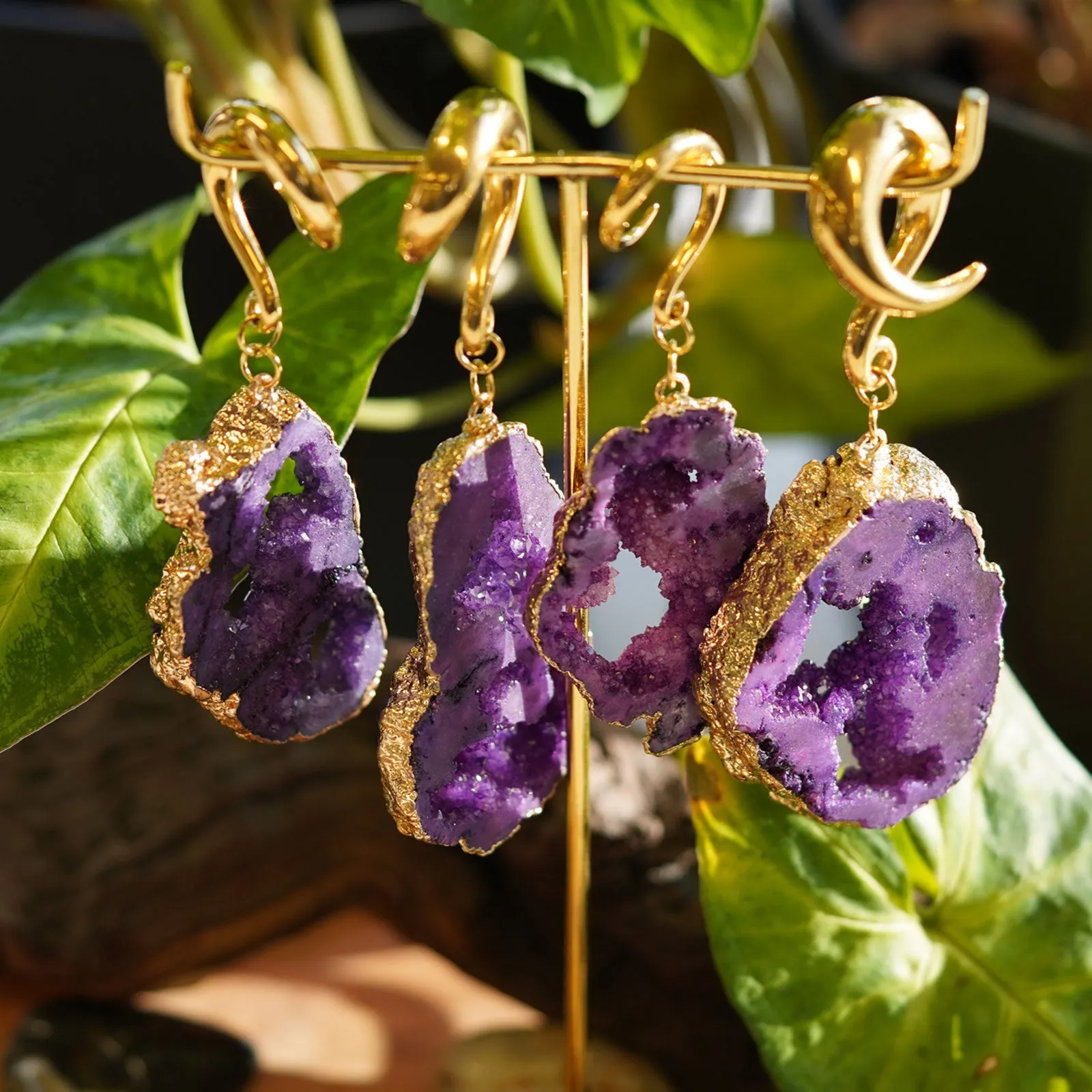 Druzy Purple Agate With Gold PVD Hook Ear Weight