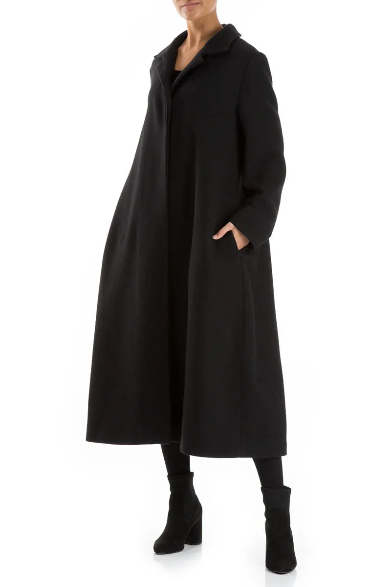 Flared Back Loose Black Wool Coat