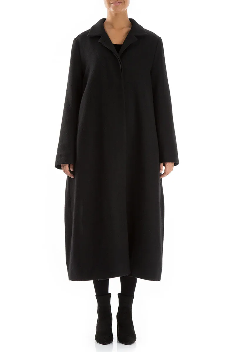 Flared Back Loose Black Wool Coat