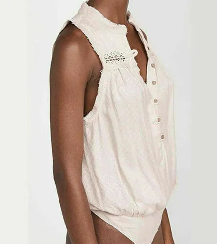 Free People Womens Ivory Fringed Bodysuit, Size Large