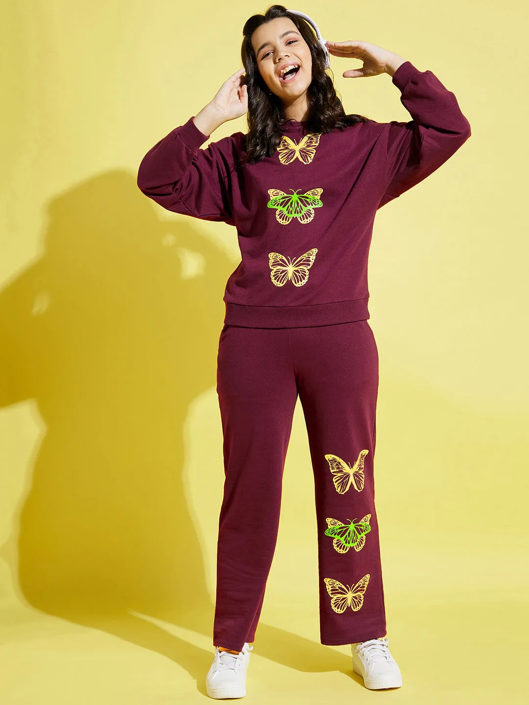 Girls Maroon Butterfly Oversize Sweatshirt With Track Pants