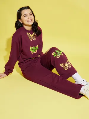 Girls Maroon Butterfly Oversize Sweatshirt With Track Pants