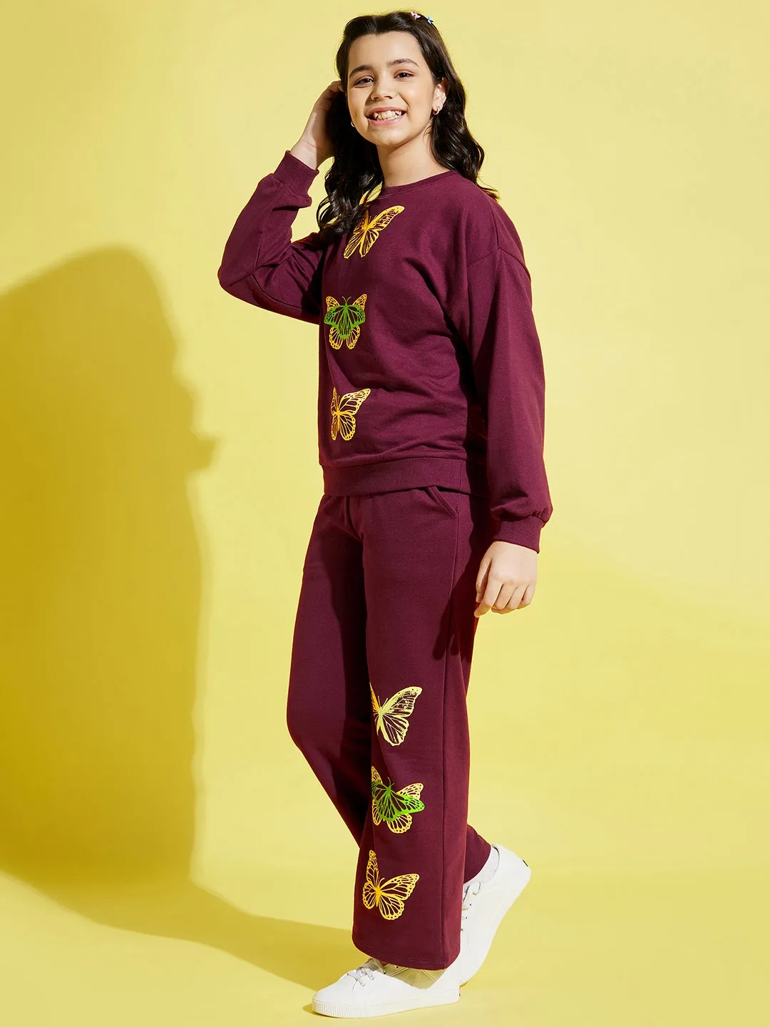 Girls Maroon Butterfly Oversize Sweatshirt With Track Pants