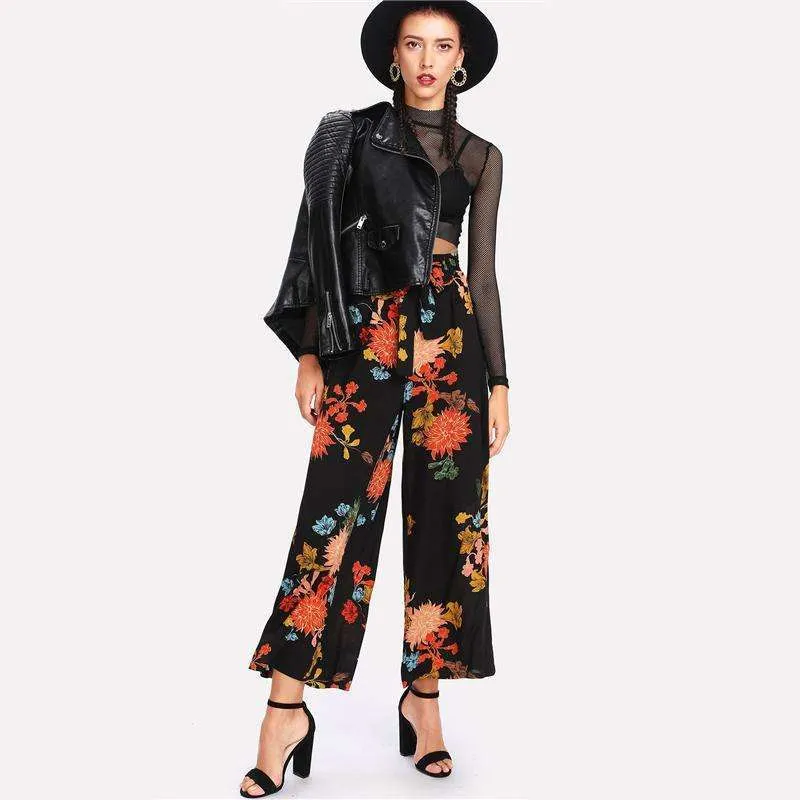 Japanese Floral High Waist Vacation Trousers