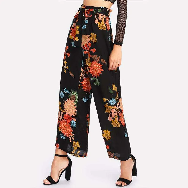 Japanese Floral High Waist Vacation Trousers