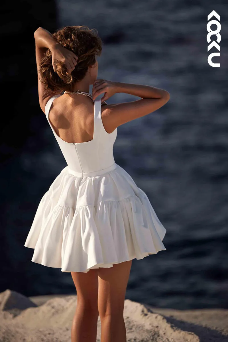 K1511 - Square Neck Sleeveless Pleated Satin A-Line Mini Wedding Dress