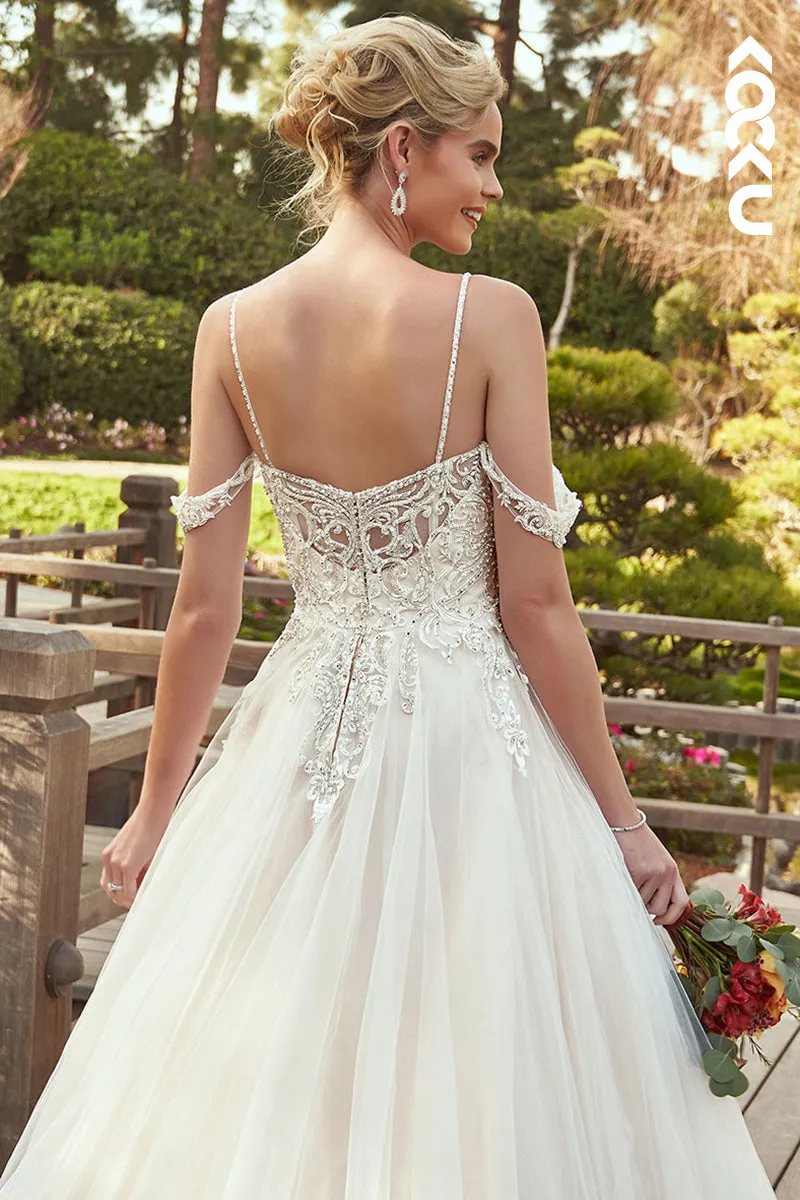 K1965 - Gorgeous & Charming Spaghetti Straps Cap Sleeves Long A-line Tulle Sweetheart Wedding Dress