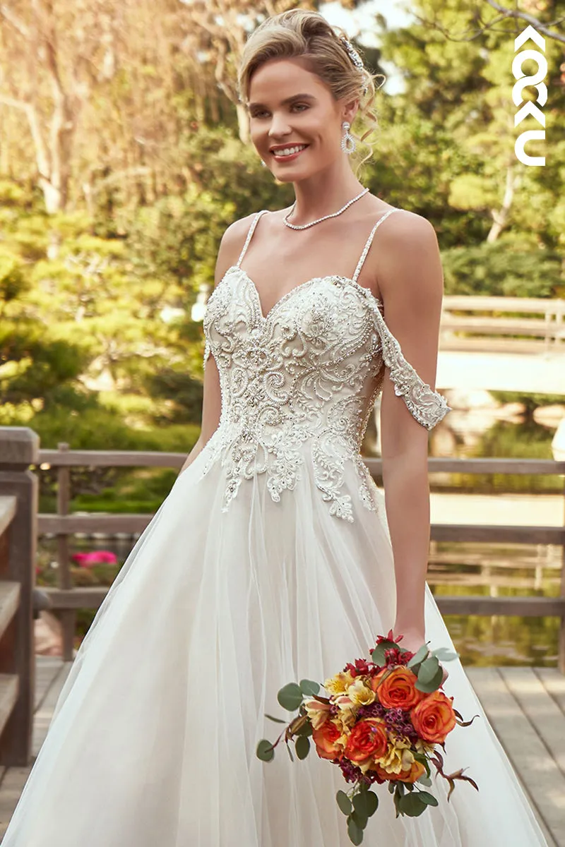 K1965 - Gorgeous & Charming Spaghetti Straps Cap Sleeves Long A-line Tulle Sweetheart Wedding Dress