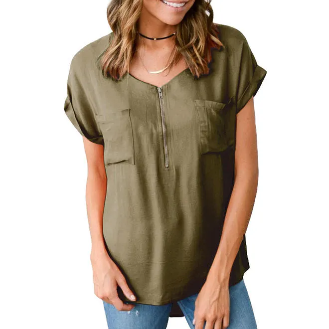 Ketty More Women Short Sleeve Zipper V-Neck Blouse-C12887USB