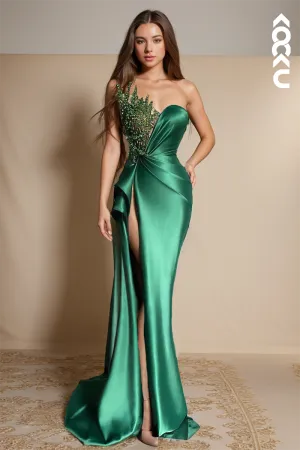 L1143 - Sheath/Column Lllusion Neckline Satin Pleats Sleeveless Prom Dress