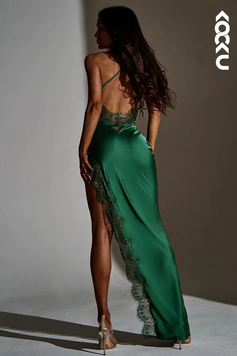 L1848 - Simple Spaghetti Straps Lace Satin Sheath Long Evening Dress With Slit