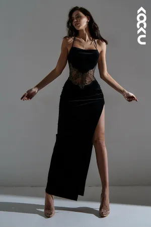 L1854 - Sexy Spaghetti Straps Lace Sheer Velvet Sheath Long Evening Dress