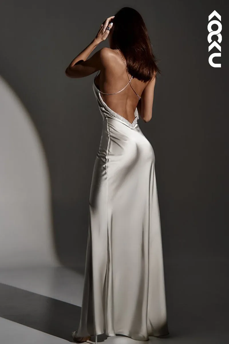 L1856 - Sexy Scoop Beaded Spaghetti Straps Backless Sheath Evening Dress