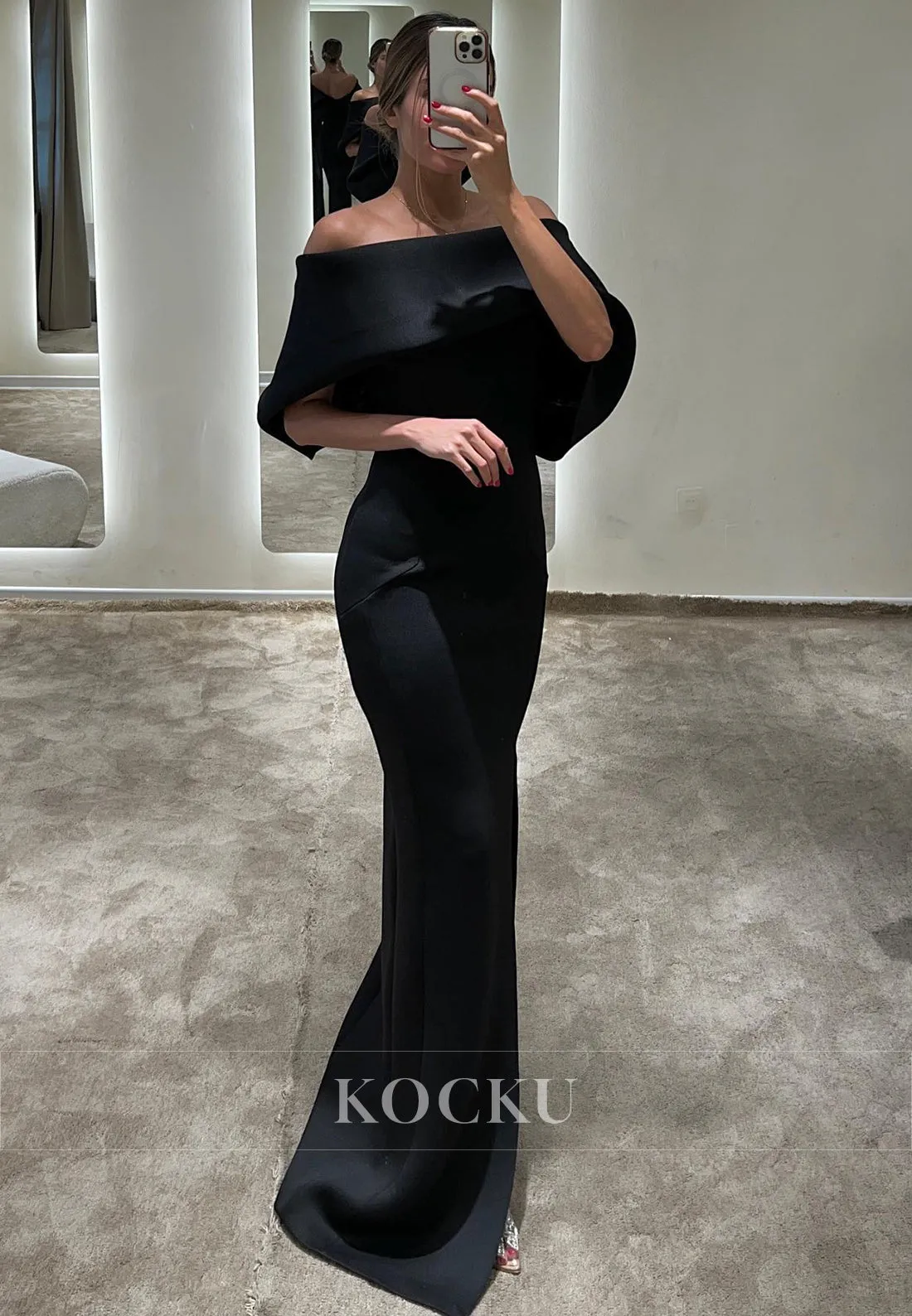 L3087 - Elegant & Simple  Off-Shoulder Sheath Split Cap Sleeves Satin Evening Party Prom Dress