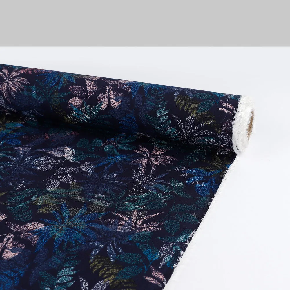 Layered Leaves Rayon Challis - Navy (remnant)