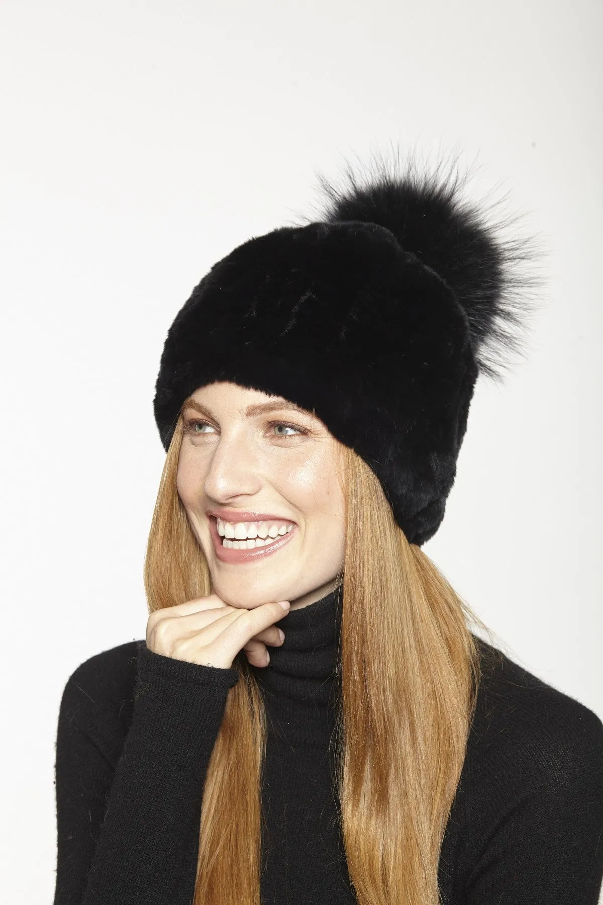 Linda Richards Rex Rabbit Knit Hat With Fox Pom Pom HA-57