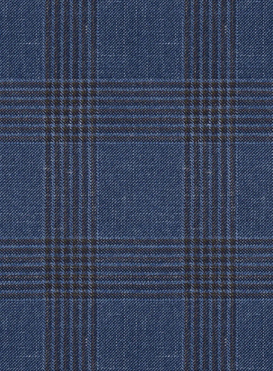 London Loom Dark Blue Check Wool Silk Linen Pants