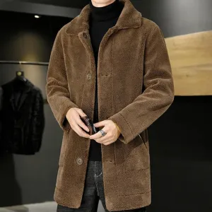 Men's Double-Sided Winter Jacket Granular Velvet Splicing Slim Solid Color Long Coat