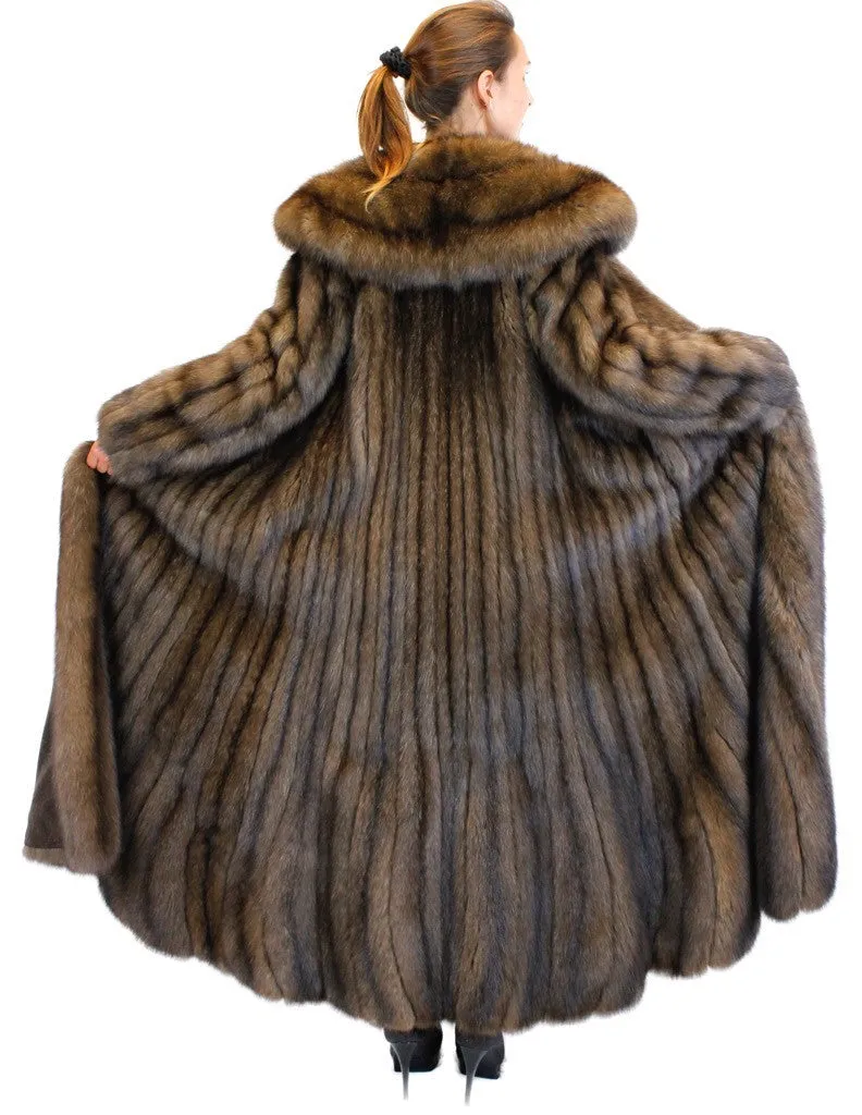 NATURAL ROYAL BARGUZIN RUSSIAN SABLE FUR EXTRA LONG COAT WITH FLARED TRUMPET BOTTOM