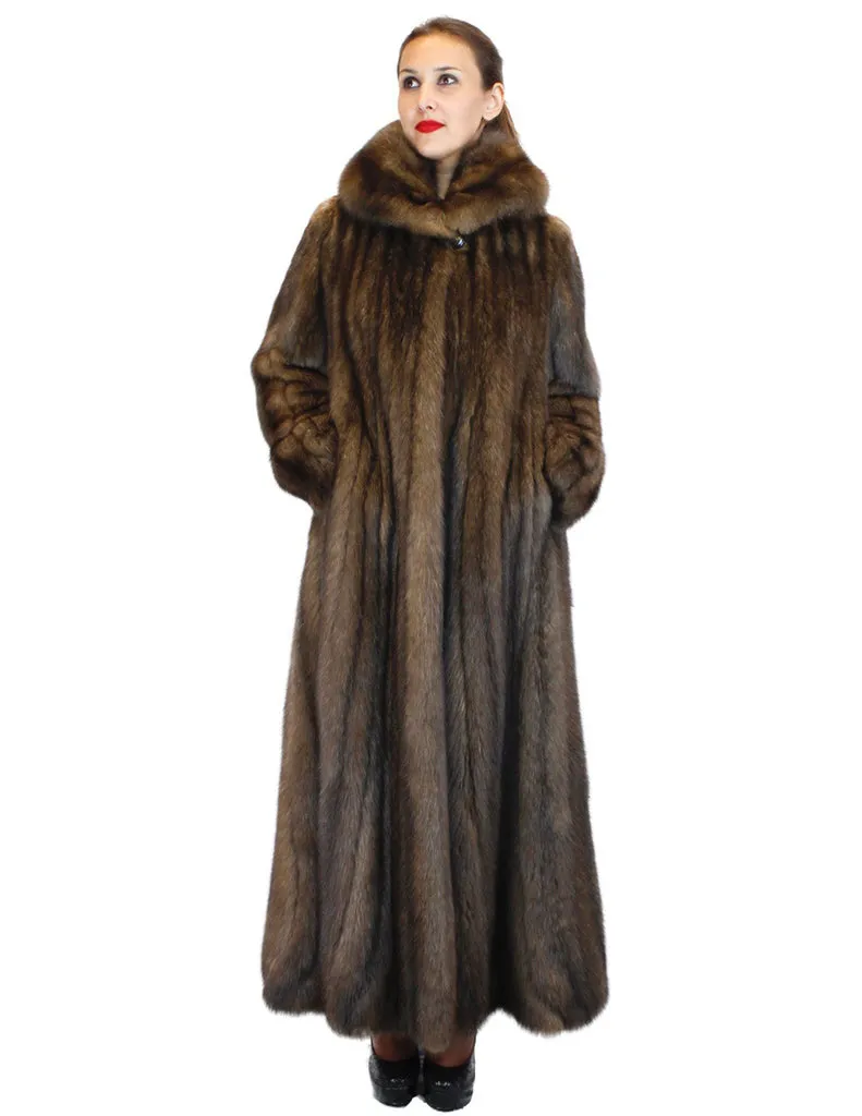 NATURAL ROYAL BARGUZIN RUSSIAN SABLE FUR EXTRA LONG COAT WITH FLARED TRUMPET BOTTOM