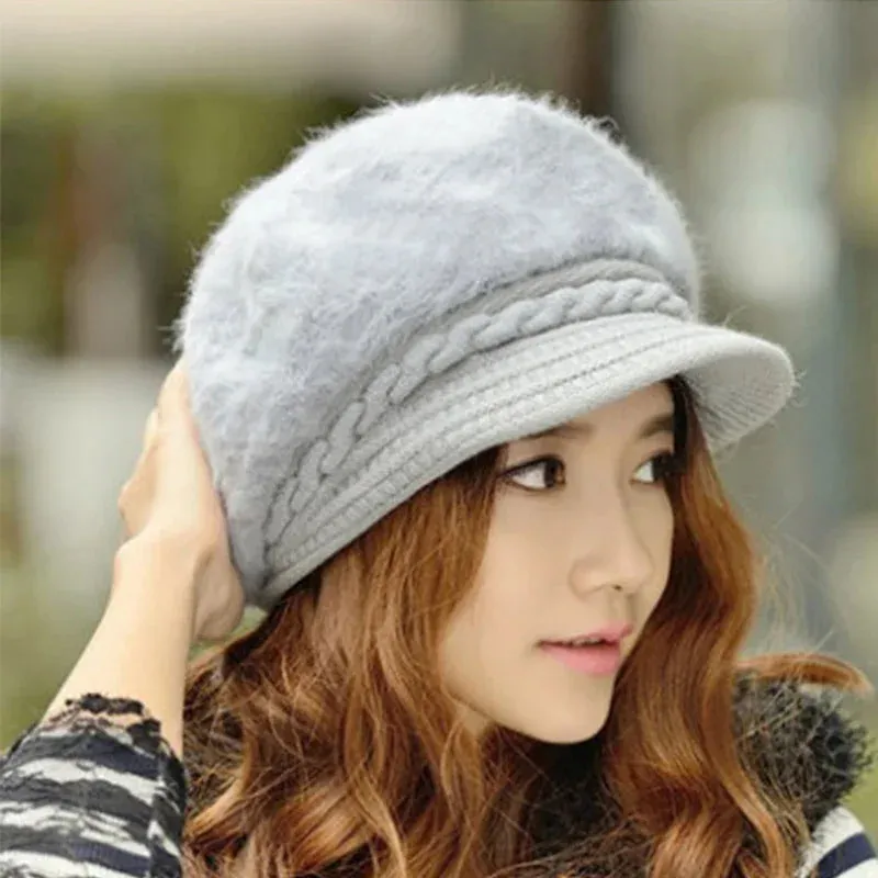 New Women Beret Hats Fashion Winter Warm Rabbit Fur Knitted Beanie Ladies Female Casual Fleece Berets Cap bonnet hiver femme