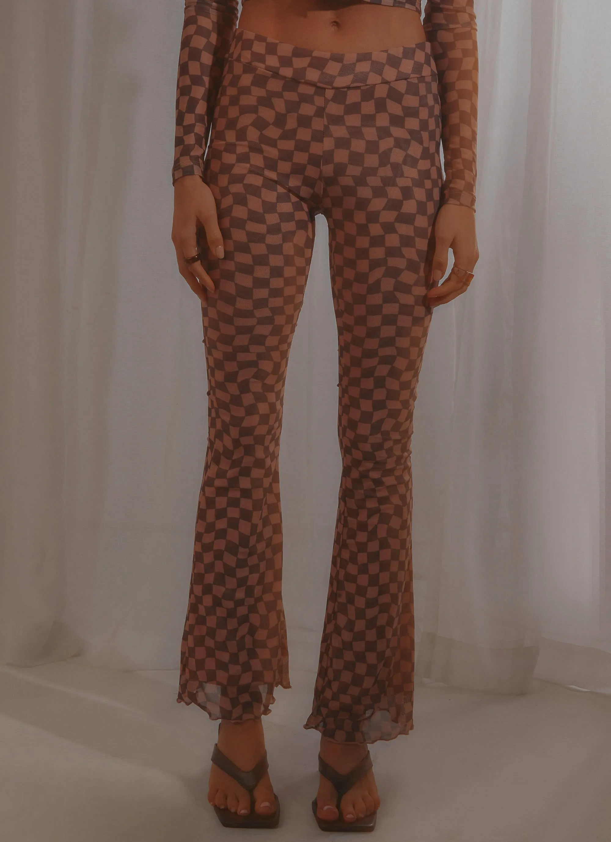 Night Fever Flare Mesh Pant  - Choc Warped Check