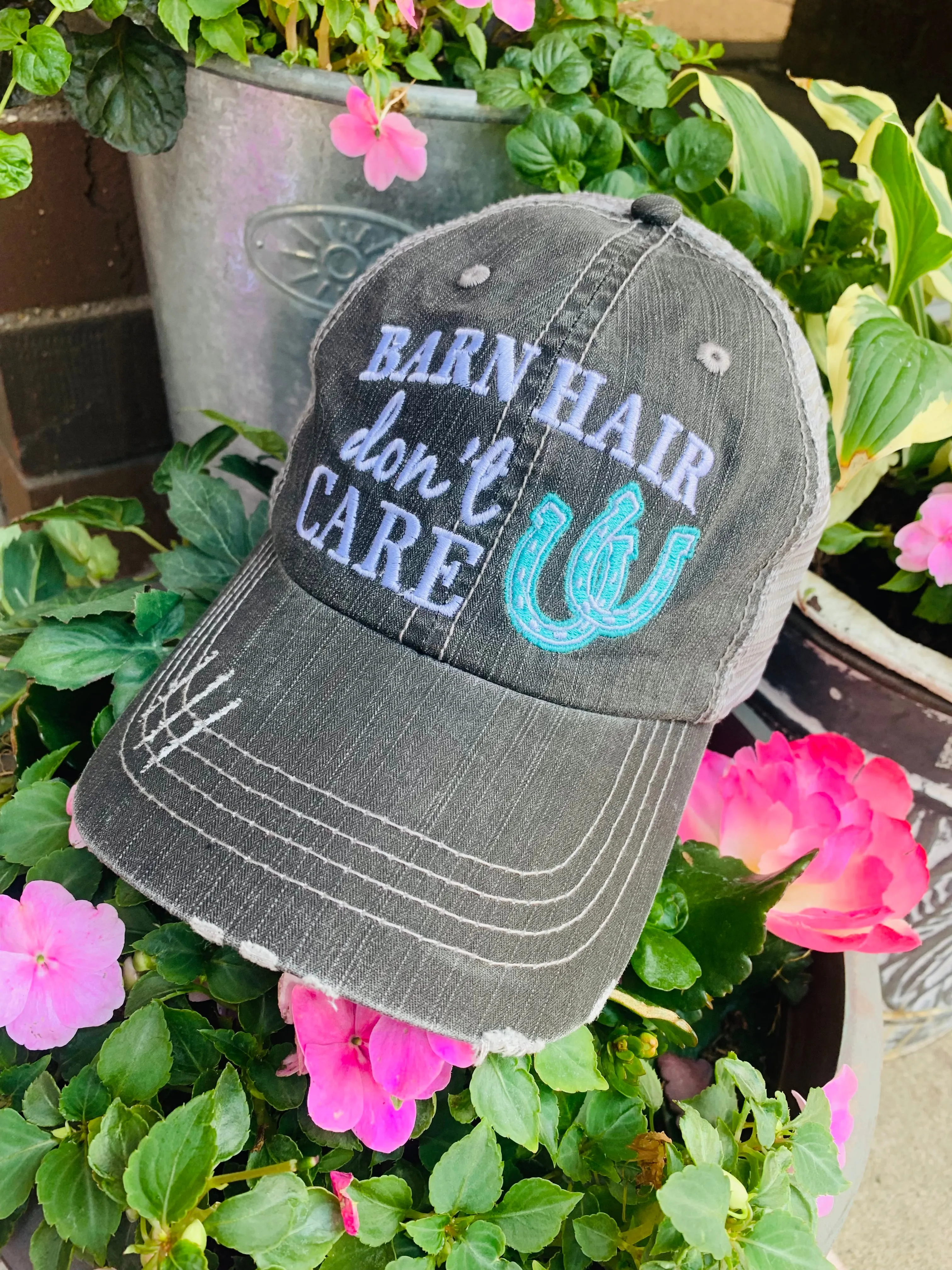 Personalized Barn Hats Barn hair dont care Personalize TEAL PINK or WHITE horseshoe Embroidered Distressed Horses Riding