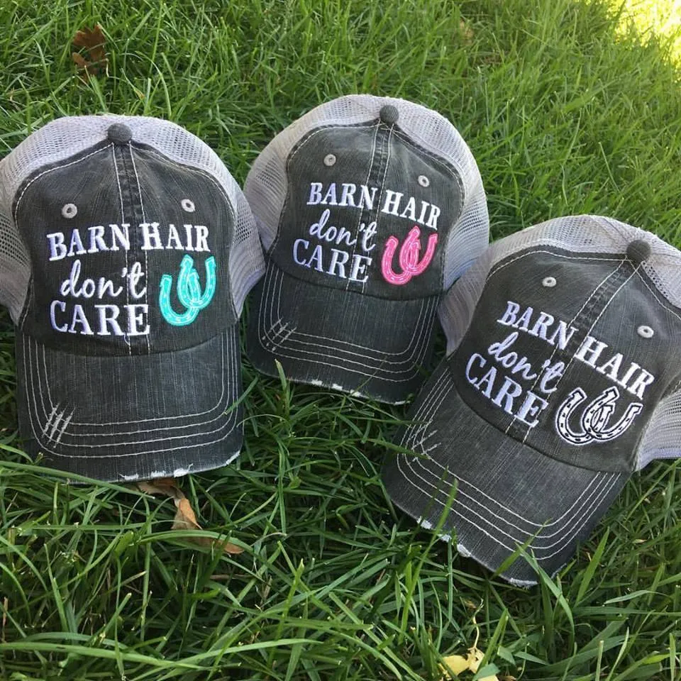 Personalized Barn Hats Barn hair dont care Personalize TEAL PINK or WHITE horseshoe Embroidered Distressed Horses Riding