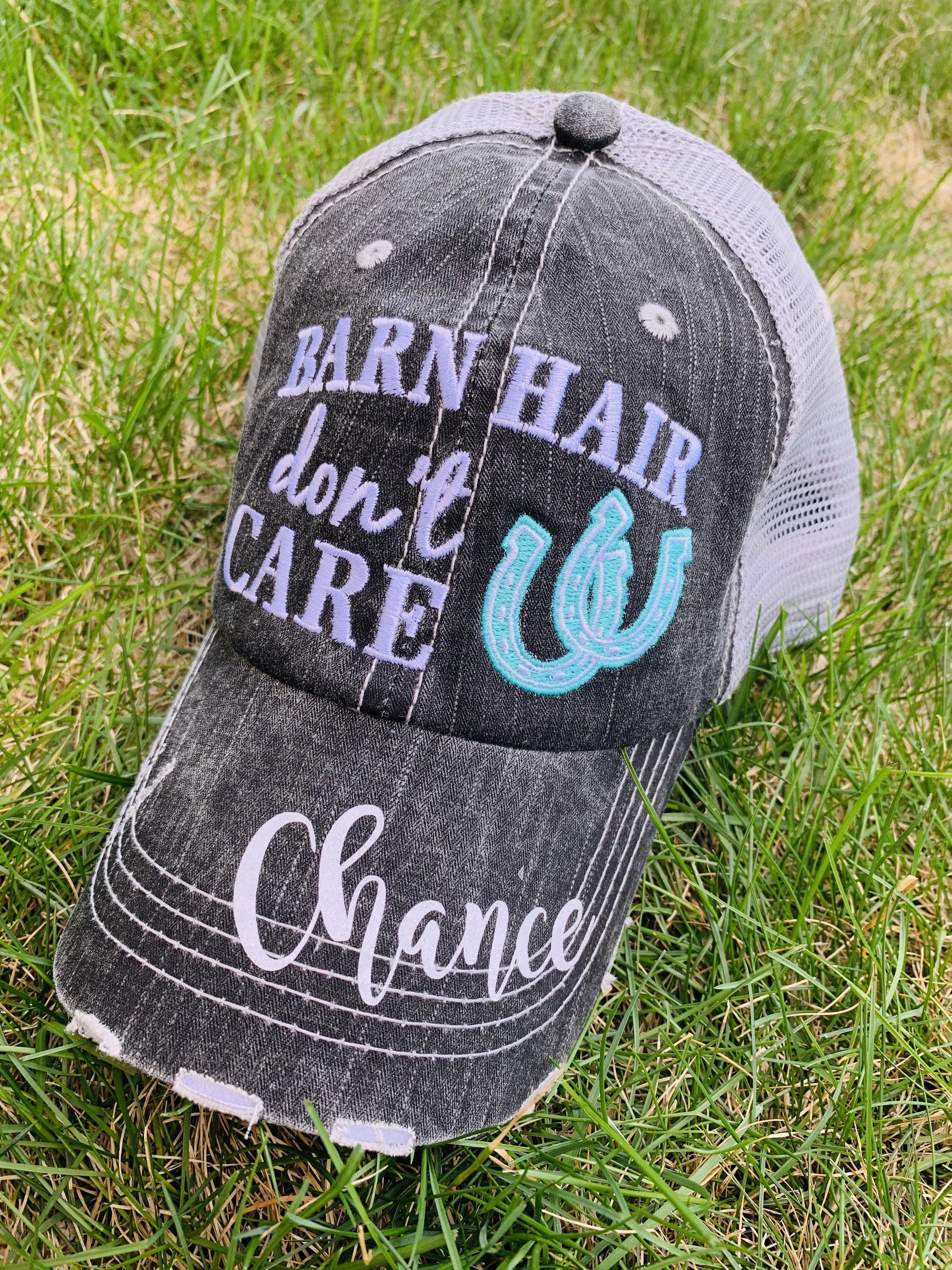 Personalized Barn Hats Barn hair dont care Personalize TEAL PINK or WHITE horseshoe Embroidered Distressed Horses Riding